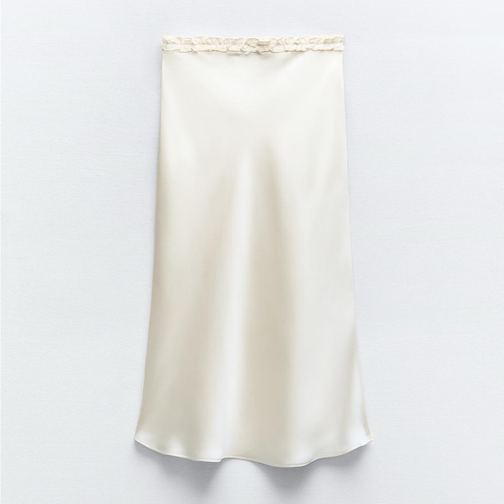 Zara Ruffled Satin Effect Skirt Oyster White Medium